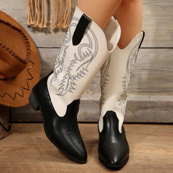 Retro Women Pointed Toe Embroidery High Heel Boots Western Cowboy Boots - Picture 1 of 7